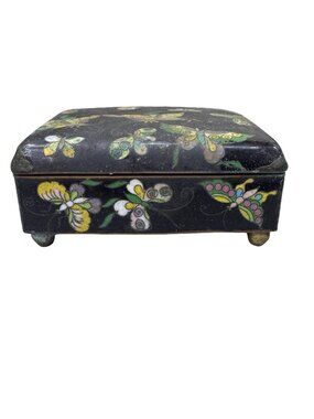 Antique Asian Floral Butterfly Moth Cloisonne Enamel Jewelry Box Qing Dy Dynasty